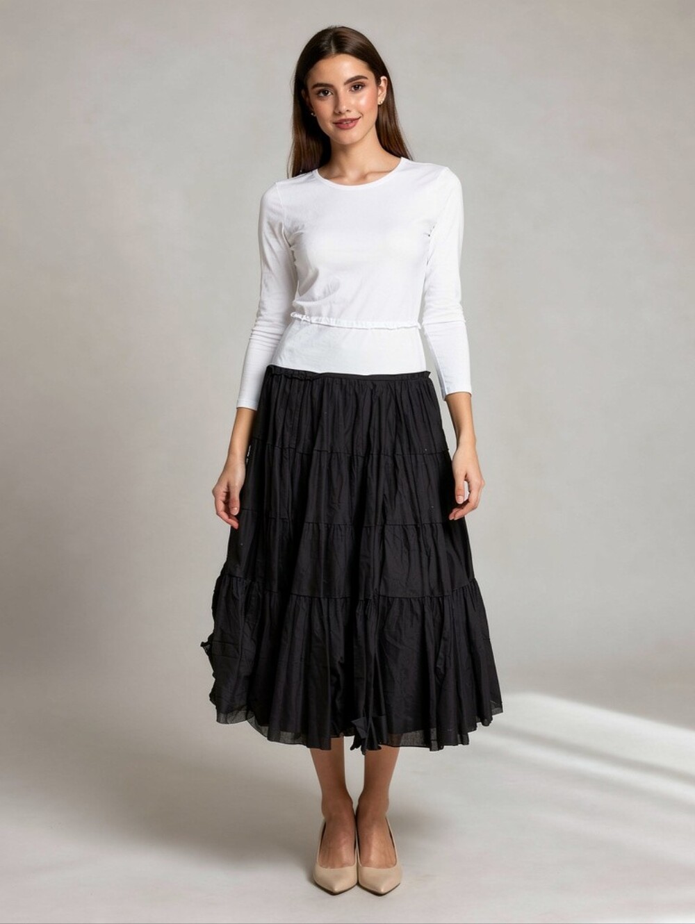 Tara Jarmon Tiered Cotton Midi Skirt Women Black Boho Cottagecore Size FR 36 US